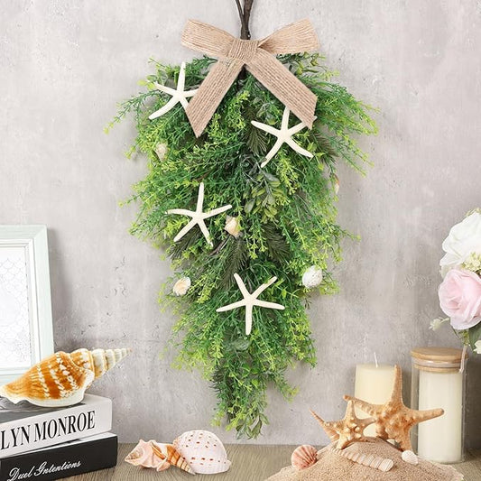 2 Pcs 24"Seashell Starfish Teardrop Swag Wreath with Green Leaves for Front Door Wedding Rustic Farmhouse Costal Starfish Conch Shells Wreath for Indoor Outdoor Spring Summer All Seasons Home Decor 