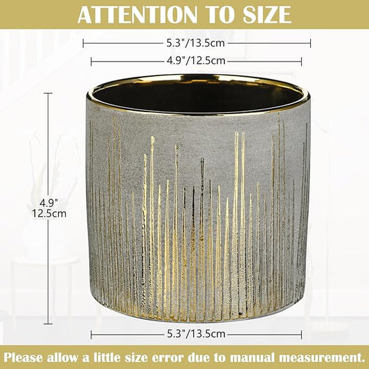 Small Ceramic Pot for Indoor Plants, 5.3 inch Plant Pot with Drainage Hole Decorative Texture Gold Planter Indoor Outdoor Flower Pots for Succulent Snake Plant Pothos Orchid