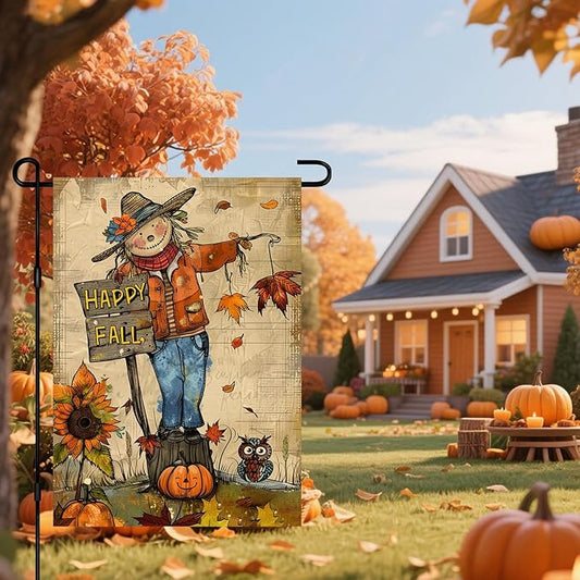 Happy Fall Garden Flag Scarecrow Owl Flag Sunflowers Autumn Leaves Rustic Harvest Season Decor Farmhouse Style 12x18 Inch Double Sided For Front Porch Lawn Patio Seasonal Home Decoration