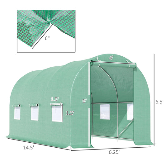 Walk-in Tunnel Hoop Greenhouse with Roll-Up Door & 6 Mesh Windows, Galvanized Steel Frame & 140GSM PE Cover for Outdoor Garden Vegetables & Plants, 14.5' x 6.25' x 6.5'