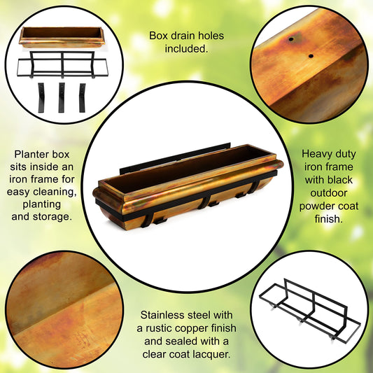 H Potter Window Box Flower Planter 36" Rustic Copper & Mounting Brackets