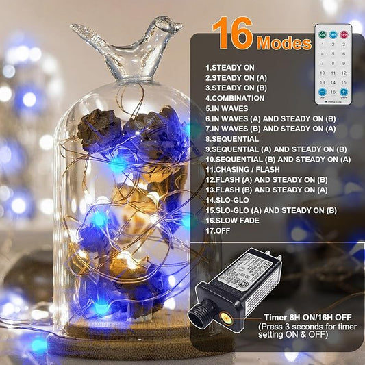 LAMPHOME Fairy Lights Plug in, 33Ft 100 LEDs Waterproof Twinkle Firefly Lights, Adaptor Included, Starry String Lights for Wedding Indoor Outdoor Christmas Patio Garden Decoration, Blue and White