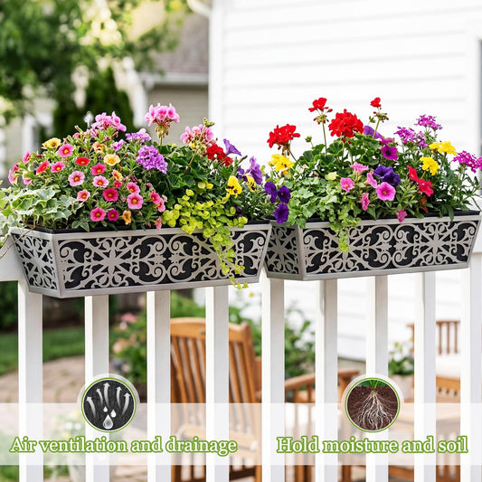 4 Pack 24 Inch Window Boxes Planter for Outdoor Plants Deck Railing Planters Box with Adjustable Brackets for Porch Fence Balcony Hanging Flower Baskets with Non-Woven Fabric Liner for Garden Decor
