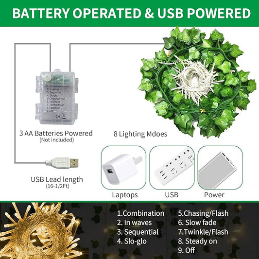 Artificial Vines with LED Fairy Lights, 33ft Green Silk Ivy Garland, 8 Light Modes, Remote Control, Indoor Decor for Bedroom, Living Room, Wedding, Party