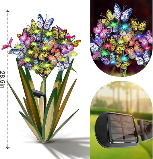 Solar Metal Agave Butterfly Flower Stick Garden Sculpture - Outdoor Gift, Christmas Lights, Swaying Butterfly, Sunflower - Solar Outdoor Statues (3 PCS Light Green)