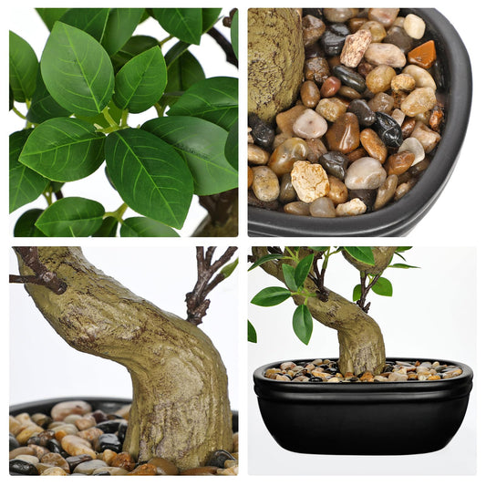 Artificial Bonsai Tree 12.9 Inch Faux Ficus Plant in Ceramic Pot with Pebbles Fake Green Potted Plant for Home Office Desk Decor Indoor Zen Table Centerpiece, Small Artificial Plants for Living Room