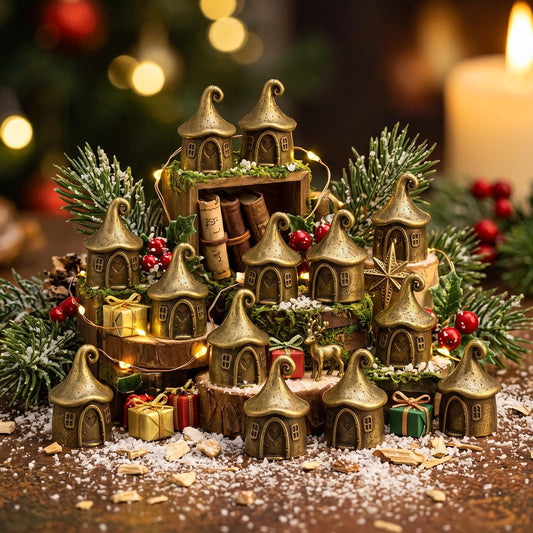 Civaner 50 Pcs Mini Brass Fairy Garden House, Christmas House Figurines