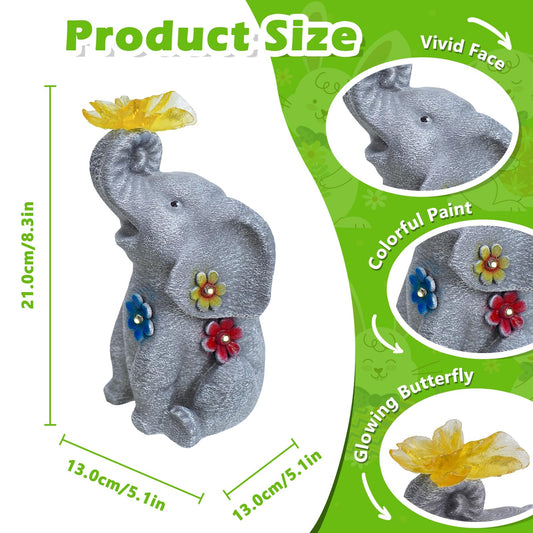 Solar Elephant Garden Statue with Butterfly Light and Glowing Flower