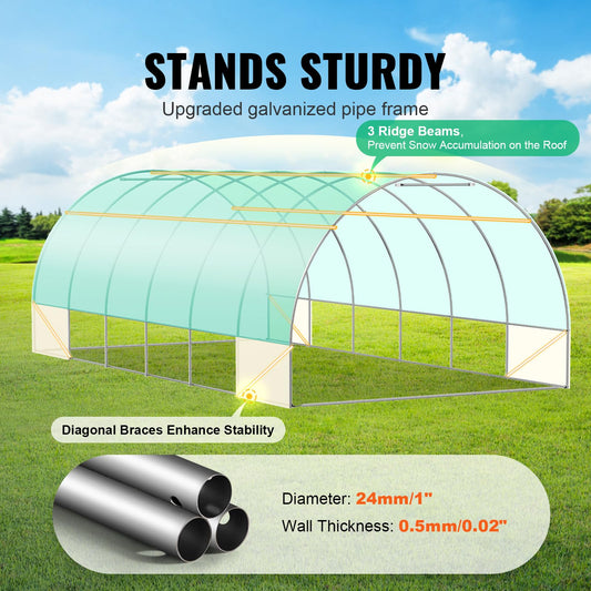 Happybuy 19.4x9.7x6.5 ft Walk-in Tunnel Greenhouse, Hoop House Plant Hot House with Galvanized Steel Frame, Green PE Cover, Roll-up Zipper Door, 12 Windows for Outdoor Use
