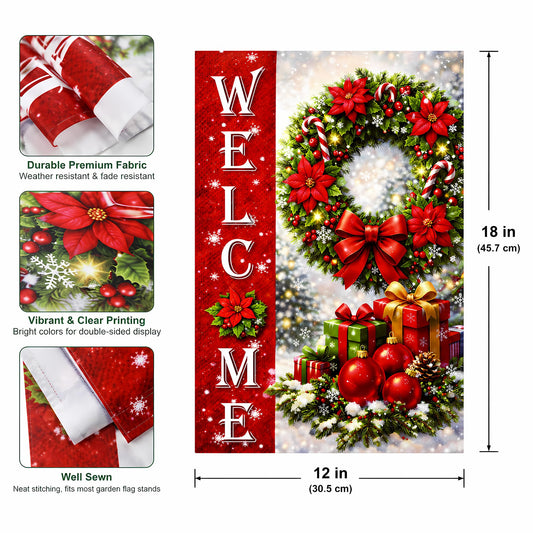 Christmas Decorations - Xmas Wreath Welcome Garden Flag | Christmas Party Decor Favors Supplies for Outdoor Outside - Red Wreath Double Sided Backdrop Banner for Garden Porch Patio Lawn Yard