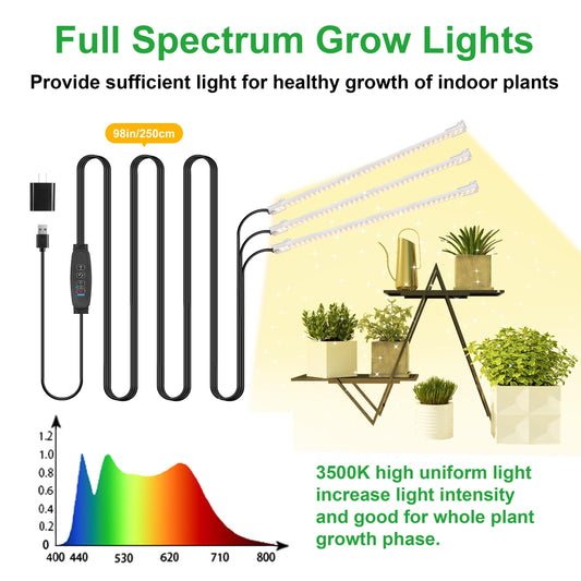 RWNTAO 13 Inches LED Grow Light Strips for Plant Shelf, 3500K Full Spectrum Plant Growing Lights for Indoor Plants, 144 LEDs Planting Lamp with 10 Dimmable Levels and 3/9/12H Timer, 3 Head