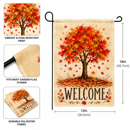 Fall Decor - Fall Maple Tree Welcome Garden Flag | Thanksgiving Decorations