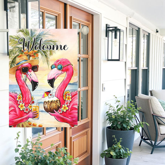 Dacawin Welcome Garden Flag Flamingo Tropical Beach Scene Yard Flags Summer Coastal Island Double Sided Polyester Pink Flamingo House Flags for Lawn Pool Palm Tree Seaside Home Decor 28 x 40 Inch