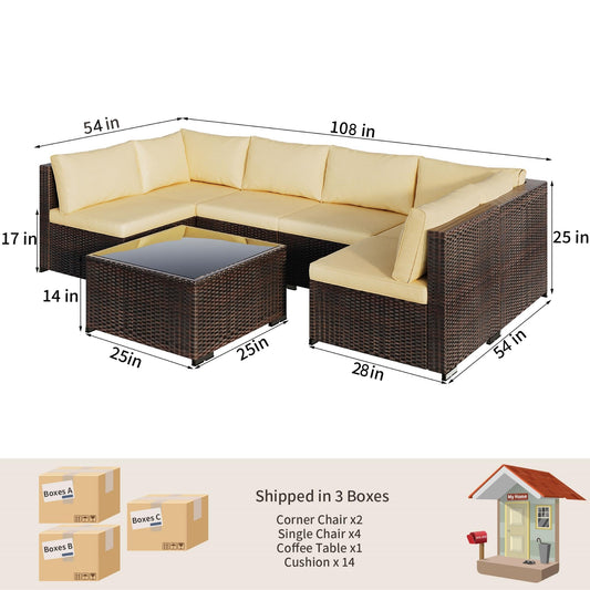 Qsun Patio Furniture Sets 7 Pieces Outdoor Sectional Rattan Sofa Manual Weaving Wicker Patio Conversation Set with Glass Table and Cushion (Beige)
