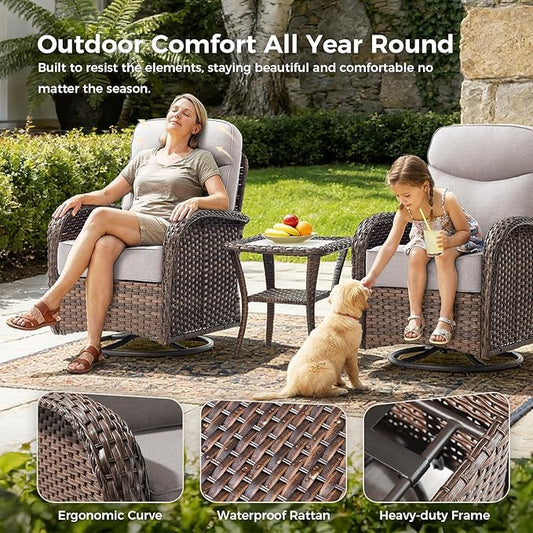 Luxury Patio Furniture Set with Swivel Chairs & 6-Inch Thick Cushions, Outdoor High Back Swivel Rocker Patio Chairs, 5PCS Wicker Outdoor Furniture Set for Porch, Yard, Deck, Poolside, Brown/Beige