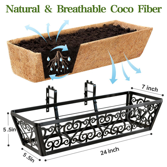 EINYEXW 6 Pack 24 Inch Deck Railing Planter Box - Window Boxes Planters with Adjustable Brackets Coco Liners Balcony Planters Railing Hanging for Window Flower Boxes Outdoor Garden Decor