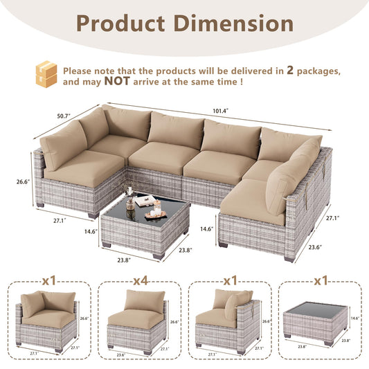 LOUVIXA 7 Piece Outdoor Patio Furniture Set, Outdoor Sectional Sofa, Wicker Rattan Patio Furniture, Patio Conversation Set with Coffee Table & Cushions