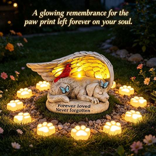 Dog Memorial Stone with Solar Lights Angel Wings Cardinal 8 Inch