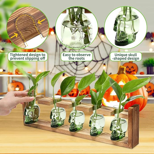 Plant Terrarium Propagation Stations Halloween Skull Planter Vase Skulls Decor with Wooden Stand Gife for Father - 5 Vases