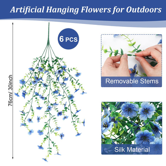 FineCheer 6 Pcs Fall Artificial Hanging Flowers Outdoor, Light Blue