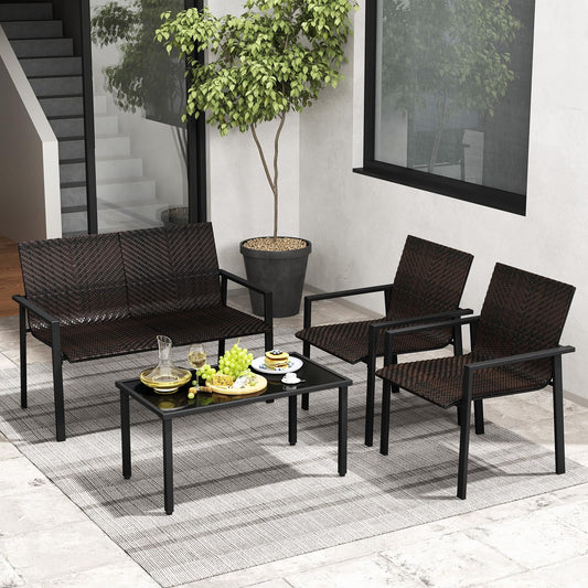 HAPPYGRILL 8 Pieces Wicker Patio Conversation Set with Coffee Table, PE Rattan Chairs with Galvanized Metal Frame, Outdoor Table and Chairs Set for Small Space, Balcony, Poolside, Backyard (Mix Brown)