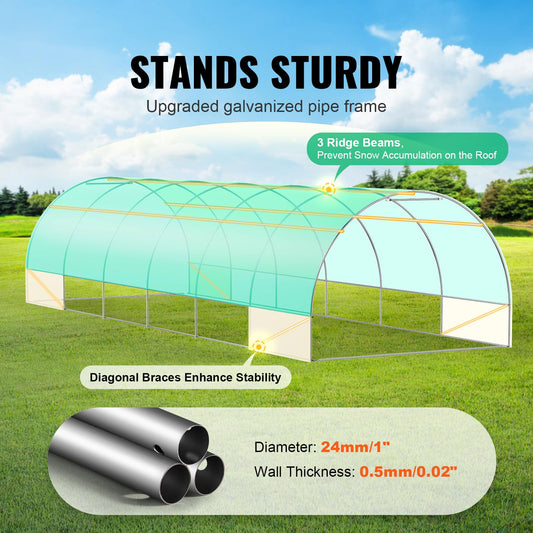Happybuy 29.2x9.7x6.5 ft Walk-in Tunnel Greenhouse, Galvanized Steel Frame, Green PE Cover, Roll-up Zipper Door, 12 Windows, Outdoor Plant Hot House