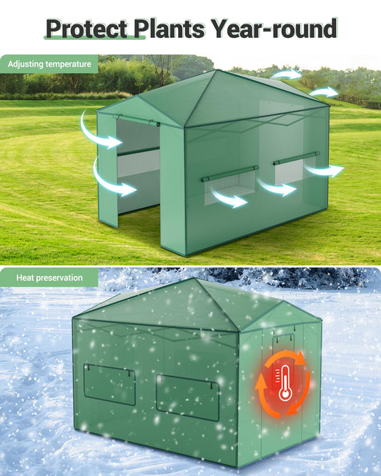 12x8 FT Portable Pops-Up Greenhouse for Indoor/Outdoor Use, Durable PE Cover Walk-in Greenhouse Kit, Zippered Doors & Mesh Windows Tunnel Green Houses, Easy Setup Garden Grow Tent for Plants, Green