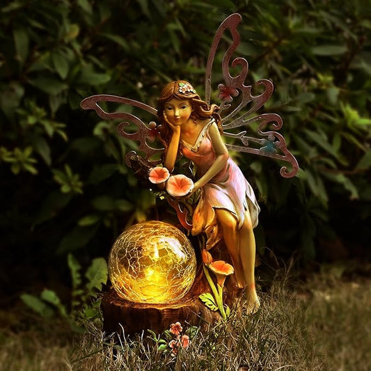 Garden Fairy Statue Outdoor Decor-Solar Flower Fairy Figurines-Garden Fairies Statues Decoration for Outside Lawn Yard Patio,Garden Ornament Gift,Tall 11.8 Inches