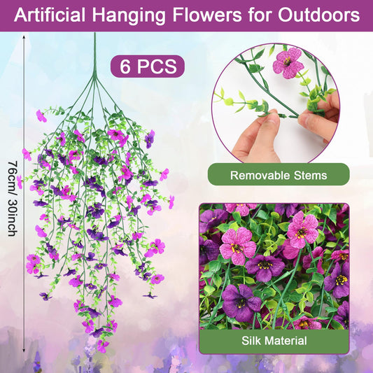 FineCheer 6 Pcs Fall Artificial Hanging Flowers Outdoor, Purple