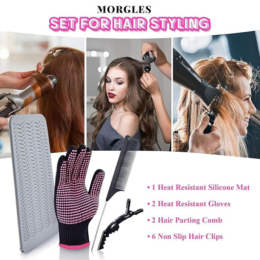 MORGLES Heat Resistant Gloves, 2 Pcs Professional Heat Gloves for Hair Styling Silicone Hot Mat 6 Pcs Hair Clips and 2 Pcs Styling Comb for Curling Iron Wands Flat Iron