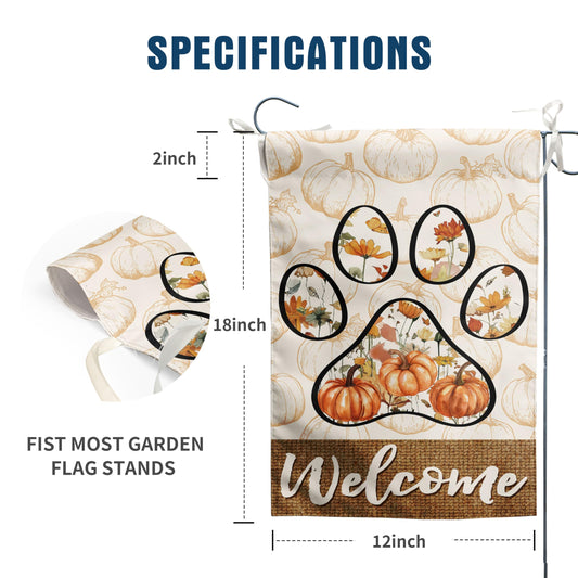 Welcome Fall Pumpkin Garden Flag Paw Print of Dog Autumn Wild Flower Yard Banner Outside Halloween Thanksgiving Outdoor Decor 12x18 Double Sided Small