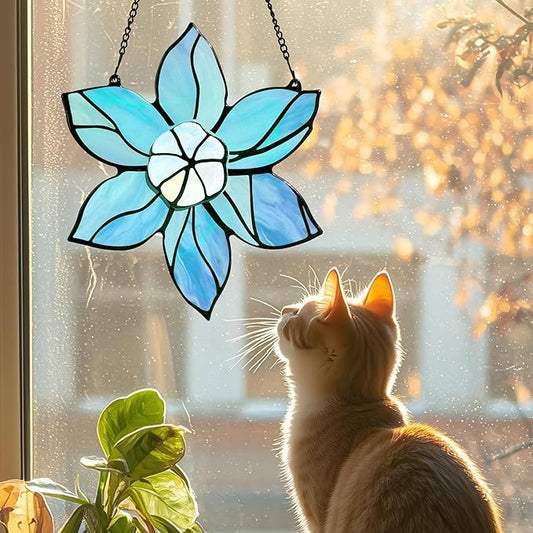 DASTOLL Stained Glass Window Hanging - Blue Christmas Flower Suncatcher for Doors Garden Kitchen Floral Sun Catchers Home Decor Birthday Holiday for Women Aunt Mom Nana Gardener