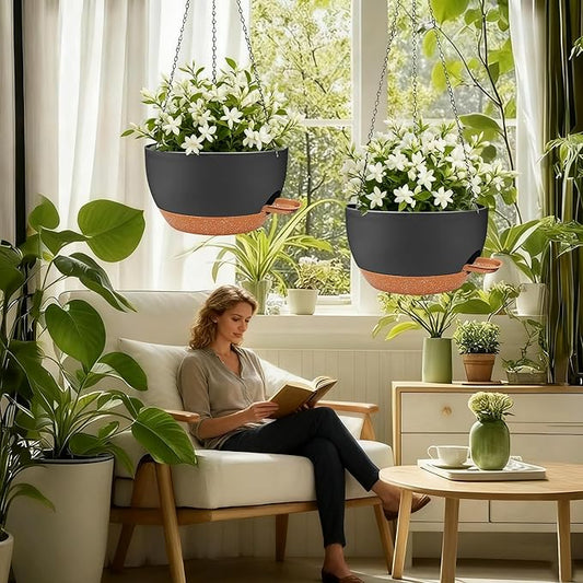 CNLBO 12 inch Hanging Planters for Indoor Outdoor Plants, 2 Pack Self Watering Hanging Planter with Drainage Holes and Saucer, Plastic Hanging Flower Pots with Chains for Kitchen, Balcony, Garden