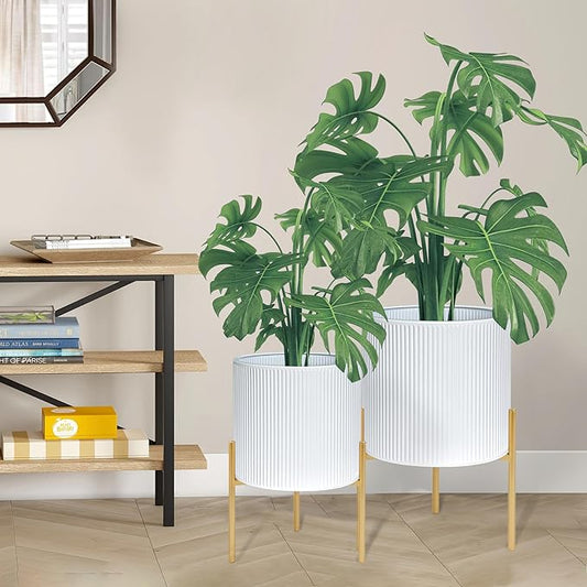 ARNIS Modern Plant Pots, Set of 2 Round Large Planters with Stand, Large Size Metal Pots with Drainage Holes for Living Room, Office, Garden or Balcony, 10.5 &12.25 Inch, White & Gold