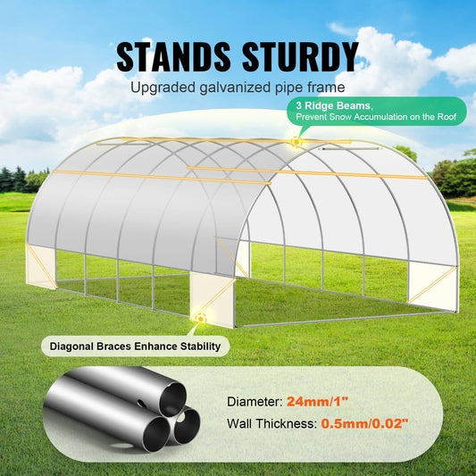 Happybuy 19.4x9.7x6.5 ft Walk-in Tunnel Greenhouse, Hoop House Plant Hot House with Galvanized Steel Frame, White PE Cover, Roll-up Zipper Door, 12 Windows for Outdoor Use