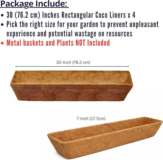 LaLaGreen 30" (4 Pack, Rectangular) Coco Liners for Planter – Large Coir Husk Replacement for Window Box, Wall Mount Pot, Trough Basket, Garden Outdoor Use – Multi Sizes 16/30 Inch & Different Shapes