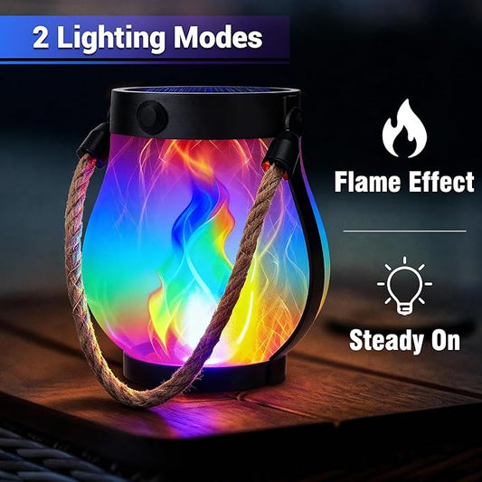 iBaycon 2 Pack Solar Lanterns Lights, Christmas Flickering Flame Garden Lights with 2 Modes Dual Charging USB & Solar, Outdoor Waterproof Hanging Lantern for Holiday Christmas Decor (Multicolor)
