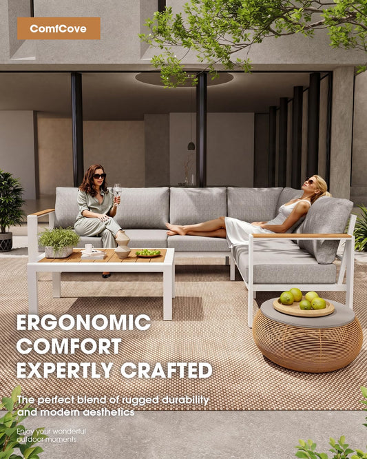 ComfCove Aluminum Outdoor Patio Furniture Loveseat, All-Weather Patio Conversation Sets with Washable Thick Cushion, Morden Patio Furniture Set for Porch, Balcony, Deck, Yard, White