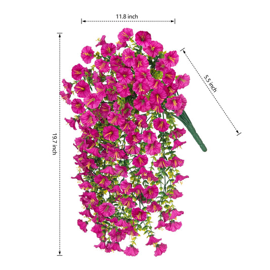 Artificial Faux Hanging Flowers Plant for Outdoor Decor,2 PCS Fake Silk Morning Glory with Eucalyptus UV Resistant Realistic Trailing Vine for Wall Home Porch Patio Balcony Yard Indoor Decor, Fuchsia
