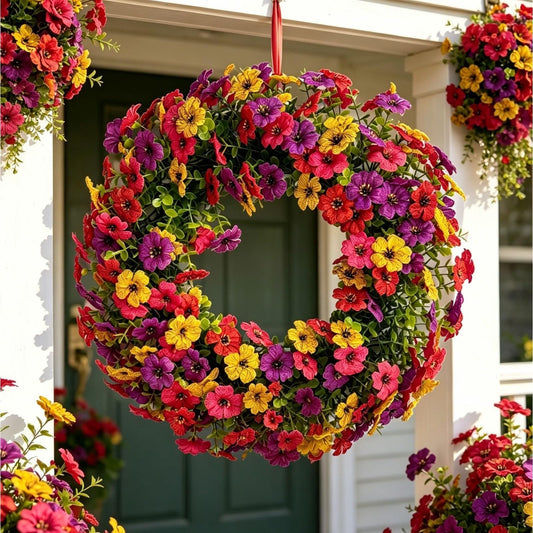 JJaydaily 20" Artificial Spring Wreath, UV Resistant Faux Daisy & Ivy Vine Floral Garland, Colorful Fake Flower Wreath for Outdoor Front Door, Patio, and Wall Hanging Decor (A)