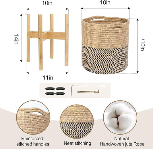 Plant Basket with Stand, Indoor Round Wicker Basket Plant with Bamboo Wood Stand, Decorative Woven Rope Flower Indoor Planter with Legs, Boho Bamboo Wood Planter Holder (Jute Black Stripes)