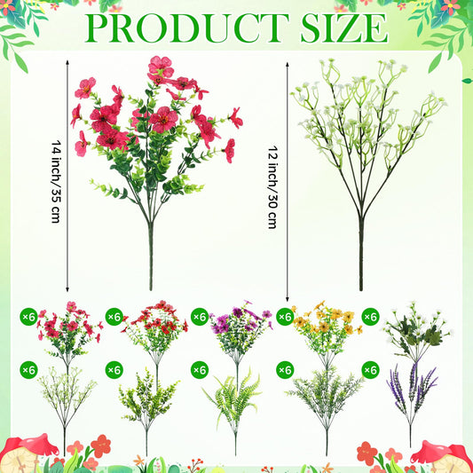 Thiccywoov 60 Pcs Artificial Outdoor Flowers UV Resistant Faux Plastic Plants Bulk Mixed Lavender Baby's Breath Eucalyptus Daisy Greenery Stems for Garden Patio Porch Window Box Home Wedding Decor