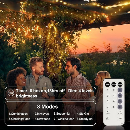 33FT 200 LED Fairy Lights Battery Operated with Timer & Remote, 8 Modes Dimmable Twinkle Lights, Waterproof Warm White Fairy String Lights for Outdoor Patio Wedding Mason Bedroom Classroom