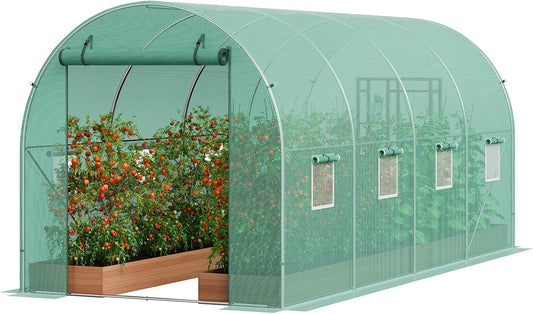 15x6.5x6.5 FT Heavy Duty Walk-in Tunnel Greenhouse Galvanized Steel Hoop House with Green PE Cover, Rolling Zipper Door & 8 Vent Windows for Outdoor Gardening, Plant Growth & Year-Round Use