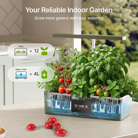 SUNCOZE Hydroponics Growing System Kit with 24W Dimmable Grow Light, 12 Pods Indoor Herb Garden with Timer & Local Time Setting, Adjustable Height, Smart Countertop Garden for Home & Kitchen, Green