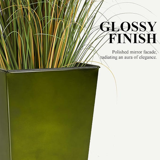 Worth Garden Large Metal Glazed Floor Planter Set of 2-14" Dia x 18" H - Luxurious Glossy Finish Green Tall Square Tapered Steel Plant Pots, Decor Flower Pot Indoor & Outdoor, Drainage Hole