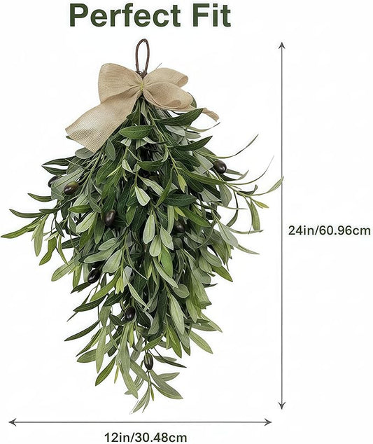 2026 Spring Olive Branch Teardrop Swag 24 Inch, Extra Full & Thick Faux Greenery with Upgraded Ribbon & Textured Leaves, Sturdy Farmhouse Hanging Wreath for Door, Wedding Arch, Kitchen, Bathroom Decor