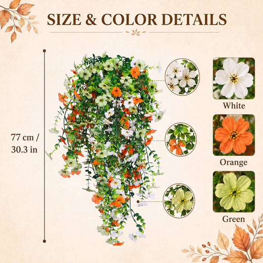 FineCheer 6 Pcs Fall Artificial Hanging Flowers Outdoor, Beige,Green Orange