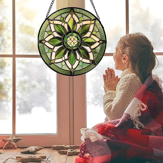 HWRHTR Stained Glass Window Hanging - White Green Boho Flower Suncatcher for Doors Window Home Sun Catchers Decor Christmas Mother's Day Birthday Gifts for Teacher Women Men Mom Nana 6.3 in