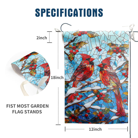Winter Cardinal Bird Garden Flag for Outside 12x18 Stained Glass Red Birds on Snow Pine Tree Flag Christmas Outdoor Flags Double Sided Welcome New Years Yard Flag